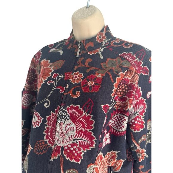 Chico's Women's Size 1 (Small) Black Full Zip Red Orange Floral Print Jacket - Picture 2 of 9